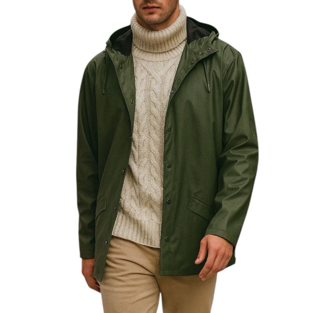 Rains Jacket Men’s XL Green Waterproof Hooded Raincoat Snap Button Travel City